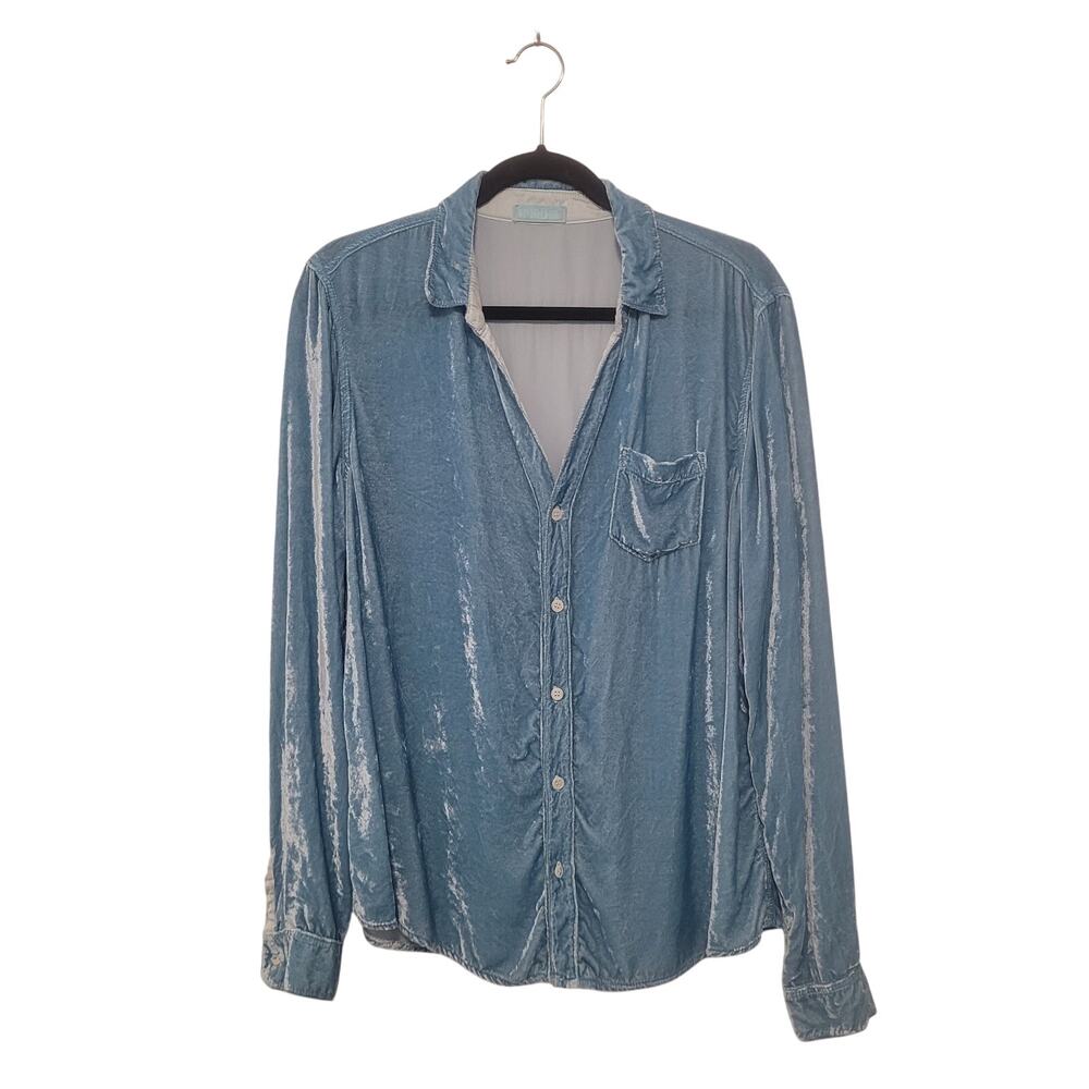 CP Shades Velvet Long Sleeve Button Up Shirt Size L Blue Silk Blend Luxury